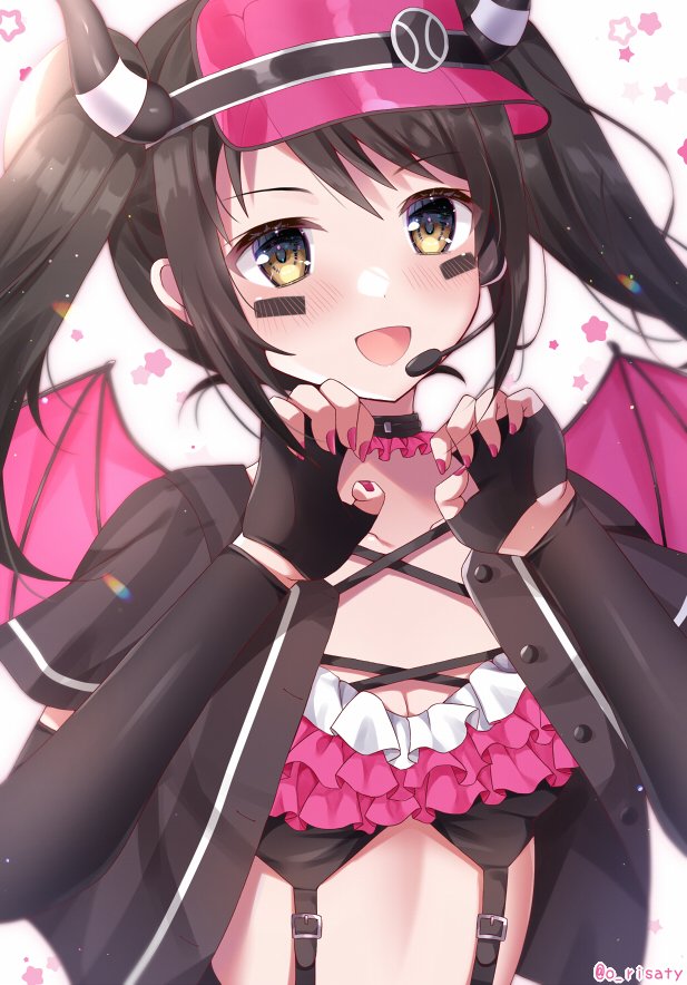 1girl artist_name baseball_cap baseball_jersey birthday black_bridal_gauntlets black_collar black_gloves black_hair black_shirt blush breasts bridal_gauntlets brown_eyes buttons cleavage collar collarbone commentary_request criss-cross_straps demon_girl demon_horns demon_wings dot_nose facepaint fake_horns fake_wings fingerless_gloves fingernails frilled_collar frilled_tank_top frills gloves hands_up hat headset horns idol idol_clothes idolmaster idolmaster_cinderella_girls idolmaster_cinderella_girls_starlight_stage jacket looking_at_viewer medium_bangs medium_breasts microphone nail_polish nakano_yuka official_alternate_costume open_clothes open_mouth open_shirt pink_collar pink_hat pink_nails sakura_umi see-through see-through_jacket shirt short_sleeves sidelocks simple_background smile solo star_(symbol) starry_background straight-on straight_hair strap suspenders swept_bangs twintails twitter_username unbuttoned unbuttoned_shirt upper_body white_background wings