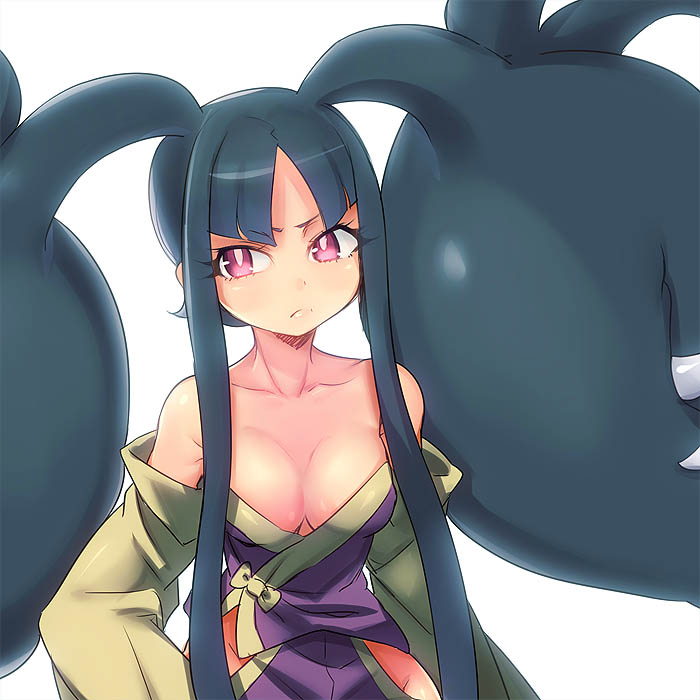 bare_shoulders black_hair breasts cleavage collarbone extra_mouth eyelashes frown gen_3_pokemon japanese_clothes kimono living_hair long_hair mawile medium_breasts mega_mawile mega_pokemon naso4 off_shoulder open_clothes open_kimono personification pokemon purple_eyes sidelocks solo