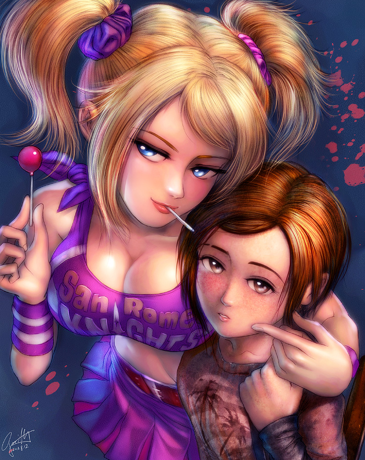 arm_around_neck arm_warmers belt blonde_hair blood blood_splatter blue_eyes breasts brown_eyes brown_hair candy cheek_poking cheerleader cleavage crossover dated ellie_(the_last_of_us) food freckles from_above juliet_starling large_breasts lips lollipop lollipop_chainsaw looking_at_viewer midriff multiple_girls nose poking s_zenith_lee short_twintails sideways_glance signature skirt the_last_of_us twintails wristband