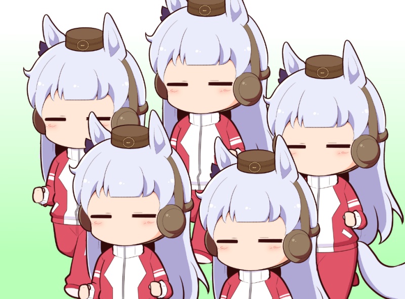 5girls animal_ears blush_stickers brown_hat chibi closed_eyes ear_covers facing_viewer gold_ship_(umamusume) gomashio_(goma_feet) gradient_background green_background grey_hair hat horse_ears horse_girl horse_tail jacket long_hair mini_hat multiple_girls multiple_persona pants red_jacket red_pants tail track_jacket track_pants track_suit umamusume very_long_hair white_background