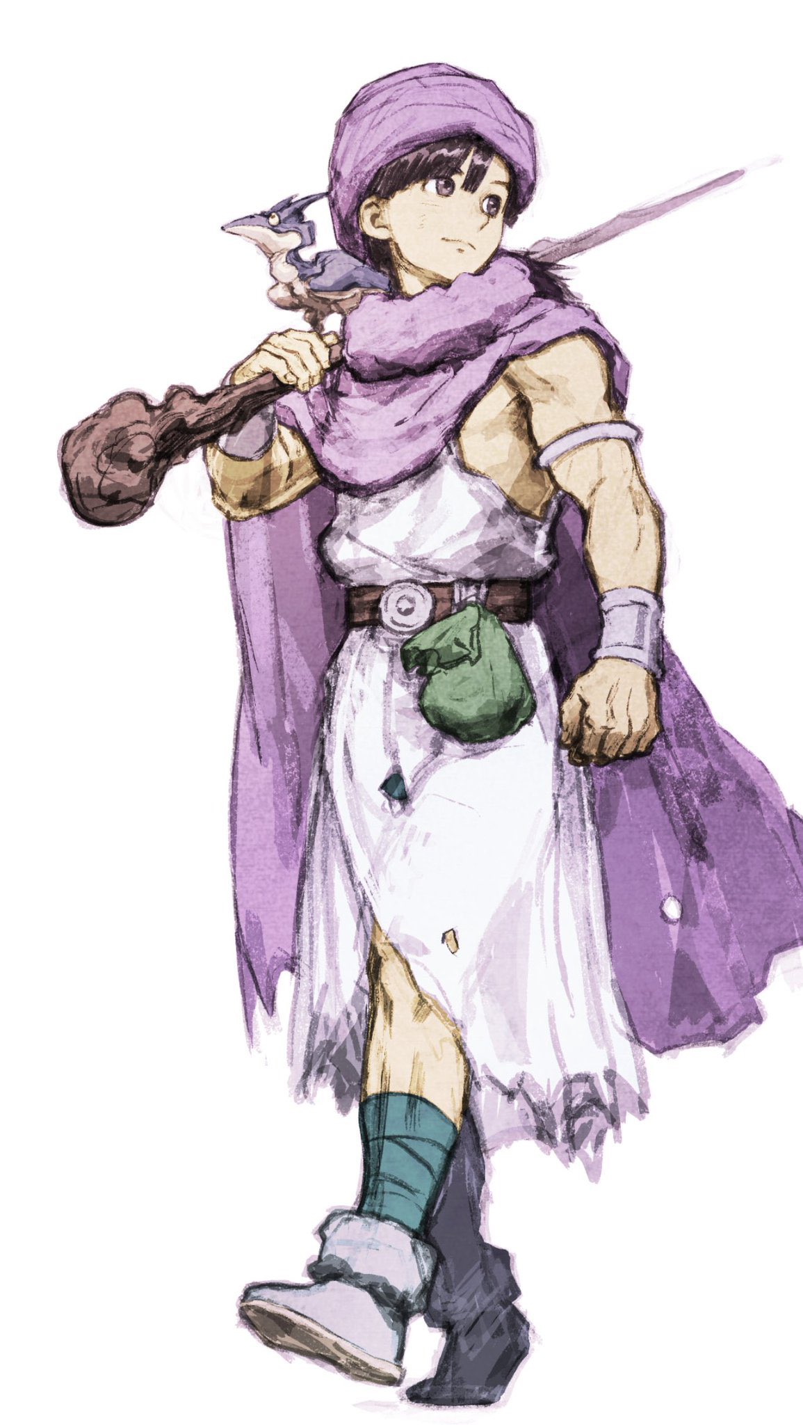 1boy bandaged_leg bandages belt belt_pouch black_hair clenched_hand cloak commentary_request dragon_quest dragon_quest_v hero_(dq5) highres holding holding_staff iwamoto_tatsurou looking_to_the_side male_focus muscular muscular_male pouch purple_cloak solo staff turban walking