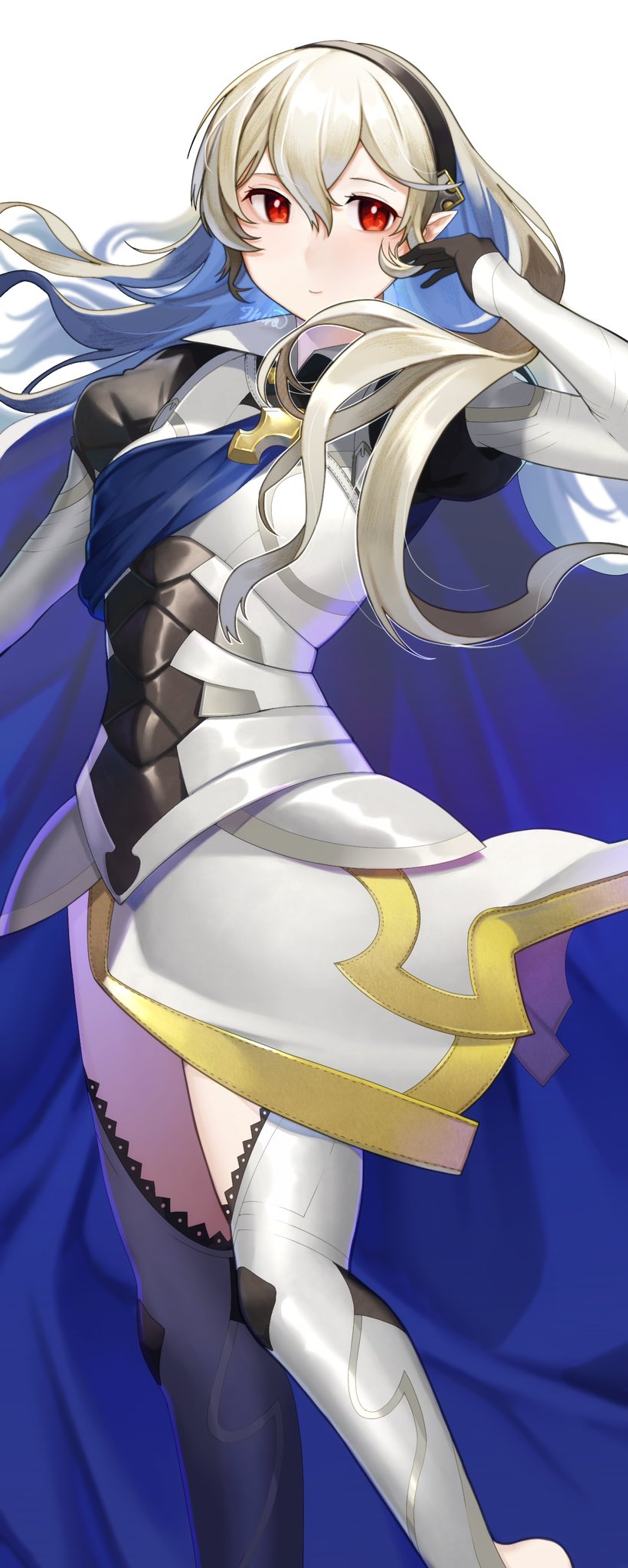 1girl armor black_hairband blue_cape cape closed_mouth commentary_request corrin_(female)_(fire_emblem) corrin_(fire_emblem) feet_out_of_frame fire_emblem fire_emblem_fates grey_hair hair_between_eyes hairband highres ikura_(downdexp) long_hair pointy_ears red_eyes simple_background smile solo standing white_background