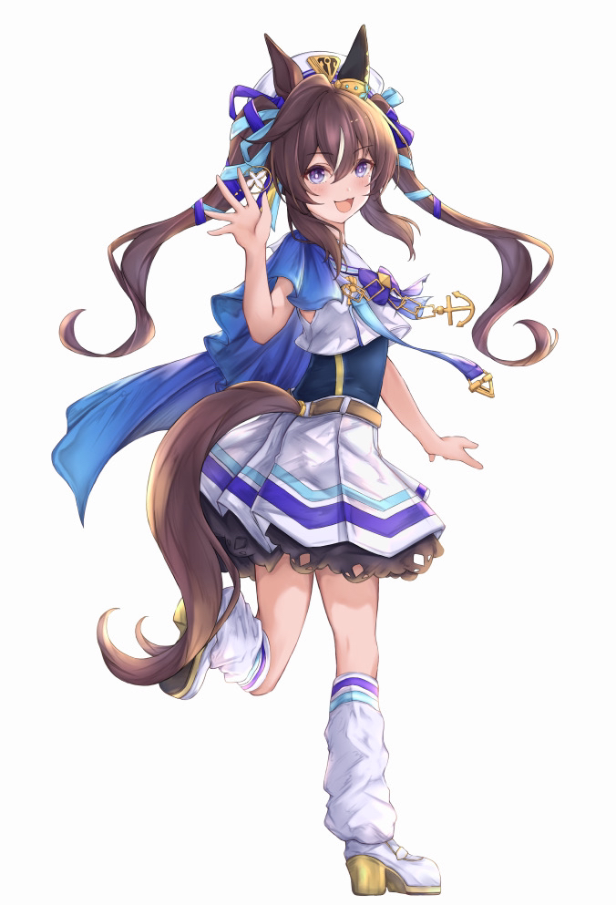 1girl :3 anchor_necklace animal_ears armpits belt blue_bow blue_bowtie blue_capelet blue_ribbon bow bowtie brown_belt brown_hair capelet commentary_request covered_navel ear_covers from_side full_body hair_between_eyes hair_ribbon horse_ears horse_girl jewelry long_hair looking_at_viewer loose_socks multicolored_hair necklace peperoncino-sama purple_eyes ribbon sailor_collar sailor_shirt shirt sidelocks simple_background single_ear_cover skirt sleeveless sleeveless_shirt socks solo streaked_hair twintails umamusume vivlos_(umamusume) white_background white_hair white_shirt white_skirt white_socks