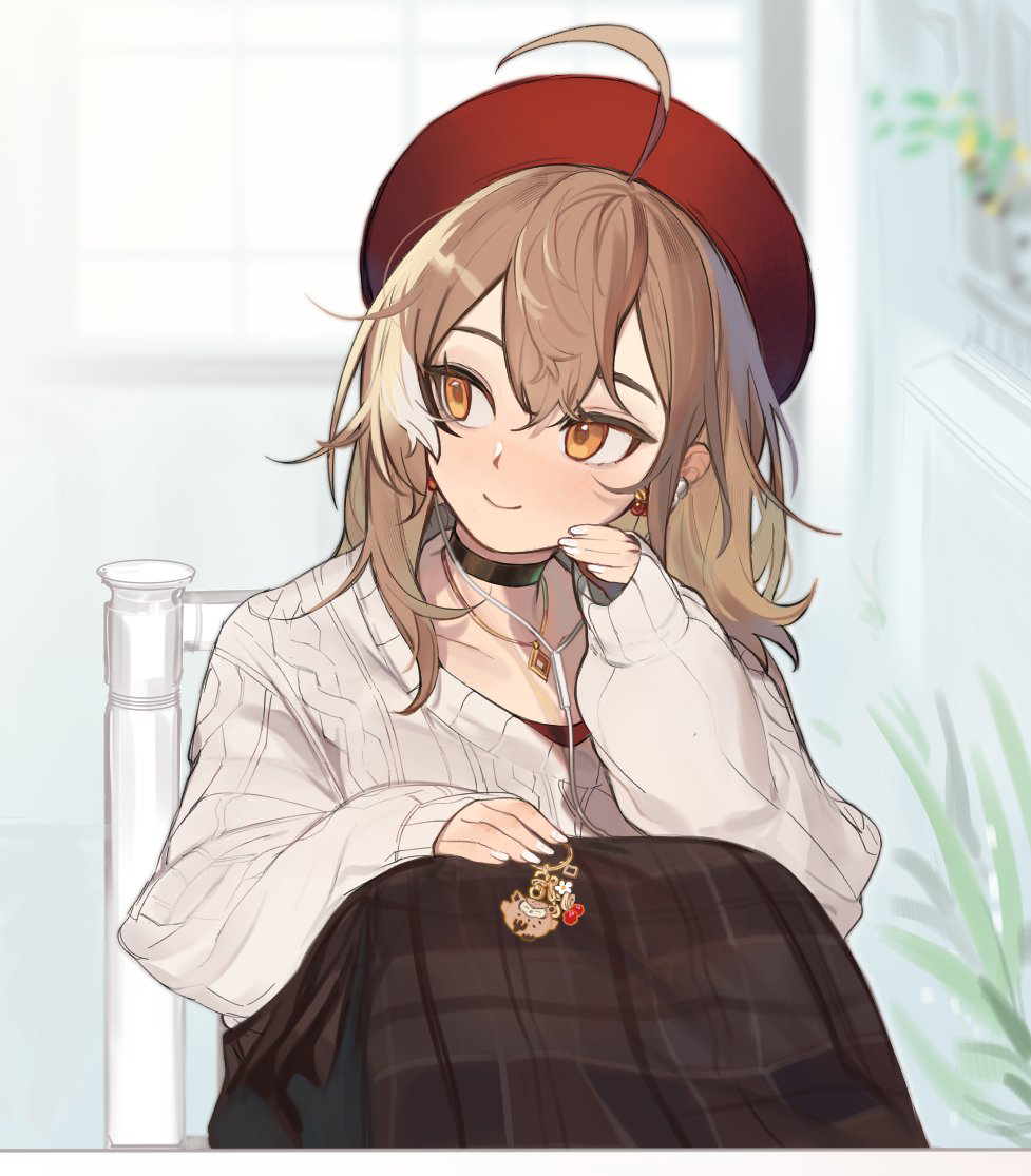 1girl ahoge beret berry bird black_choker brown_eyes brown_hair brown_skirt chair charm_(object) choker crossed_bangs earbuds earphones earrings eus_ing flower food-themed_earrings hat hololive hololive_english hootsie_(nanashi_mumei) indoors jewelry knees_up long_skirt looking_to_the_side multicolored_hair nail_art nanashi_mumei nanashi_mumei_(casual) necklace official_alternate_costume on_chair owl plaid plaid_skirt plant potted_plant red_shirt runes shirt sitting skirt sleeves_past_wrists smile solo streaked_hair sweater virtual_youtuber white_sweater window