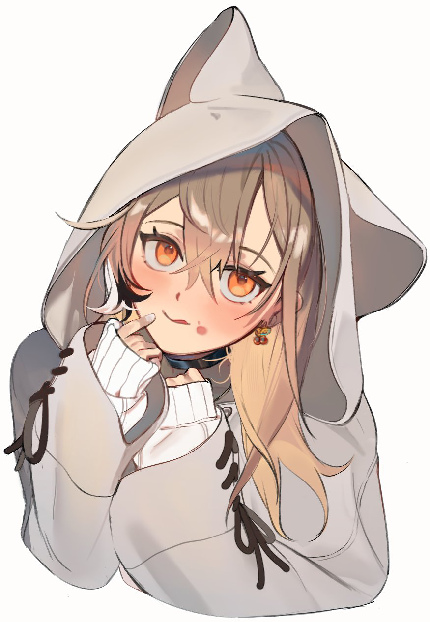 1girl :q ahoge animal_hood berry black_choker brown_eyes brown_hair choker earrings eus_ing finger_to_mouth food food-themed_earrings food_on_face hair_between_eyes highres hololive hololive_english hood hood_up jewelry licking_lips long_hair looking_at_viewer multicolored_hair nanashi_mumei nanashi_mumei_(casual) simple_background sleeve_ribbon solo streaked_hair tongue tongue_out virtual_youtuber white_background