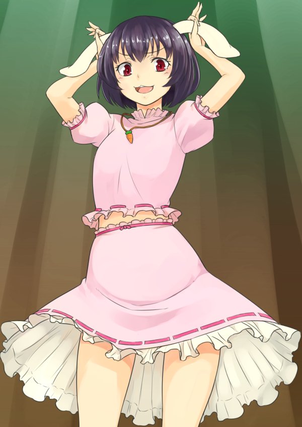 1girl :3 :d animal_ears black_hair carrot_necklace commentary_request frilled_shirt frilled_skirt frills inaba_tewi jewelry kakone necklace open_mouth pink_shirt pink_skirt rabbit_ears rabbit_girl rabbit_pose shirt short_hair short_sleeves skirt smile solo standing touhou