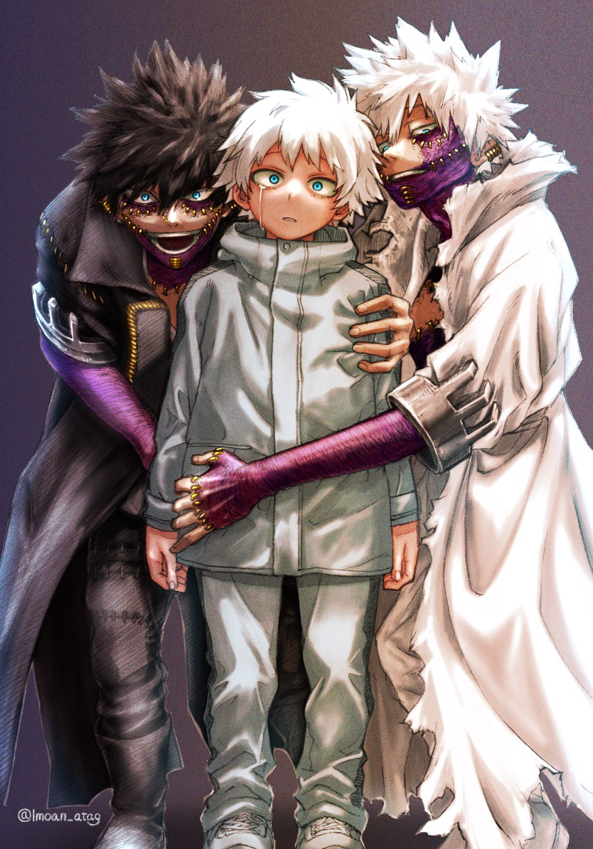 3boys arms_at_sides black_coat black_hair blue_eyes boku_no_hero_academia coat crying dabi_(boku_no_hero_academia) earrings grey_background hand_on_another's_shoulder imoan_atag jacket jewelry male_focus multiple_boys multiple_persona pants parted_lips spiked_hair spoilers stitched_face stitches todoroki_touya twitter_username white_coat white_hair white_jacket white_pants