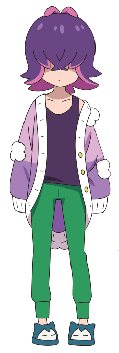 1girl arms_at_sides buttons cardigan closed_mouth collarbone colored_inner_hair dot_(pokemon) facing_viewer full_body green_pants hair_over_eyes medium_hair multicolored_hair official_art open_cardigan open_clothes pants pokemon pokemon_(anime) pokemon_horizons purple_cardigan purple_hair purple_shirt shirt sleeveless sleeveless_shirt sleeves_past_fingers sleeves_past_wrists slippers solo standing tank_top transparent_background
