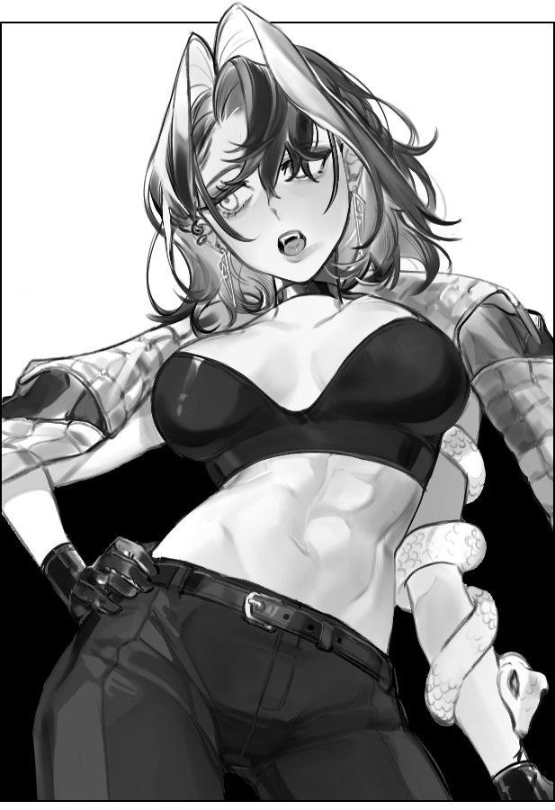 abs belt braid breasts choker cleavage curly_hair denim earrings eus_ing eyelashes fangs gloves greyscale hair_intakes hand_on_own_hip hololive hololive_english jacket jacket_on_shoulders jeans jewelry looking_to_the_side medium_breasts monochrome open_clothes open_jacket ouro_kronii pants short_hair side_braid single_braid snake sports_bra toned triangle_earrings virtual_youtuber