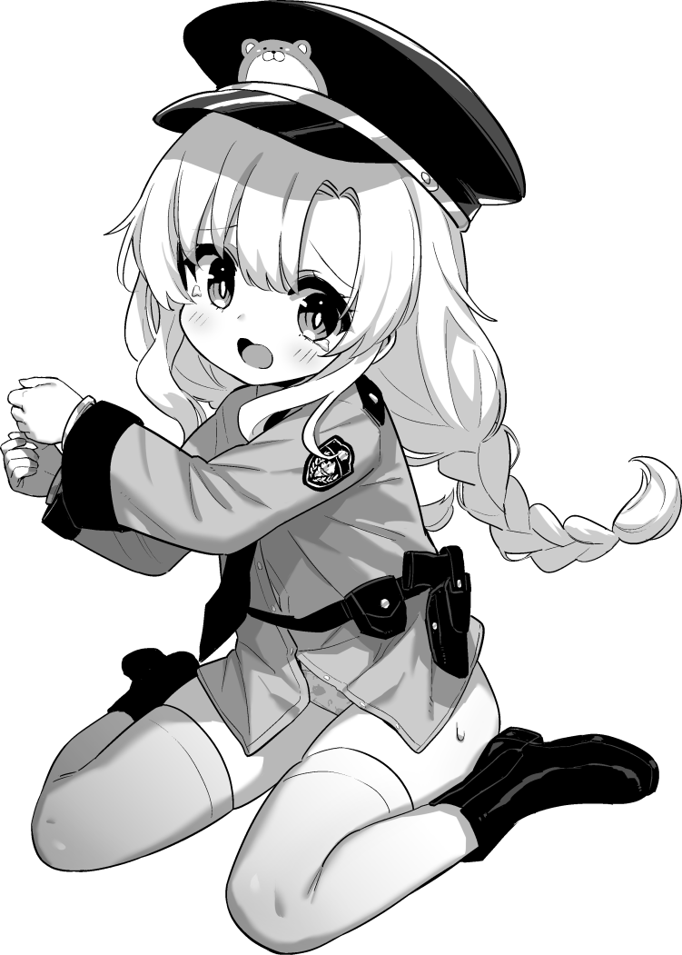 1girl animal_print azur_lane azur_lane:_slow_ahead black_footwear bound bound_wrists braid grey_background greyscale hat hori_(hori_no_su) long_hair looking_at_viewer low_twin_braids monochrome official_alternate_costume official_art ognevoy_(azur_lane) ognevoy_(blue_nova)_(azur_lane) panties peaked_cap police police_uniform solo thighhighs twin_braids underwear uniform white_panties white_thighhighs