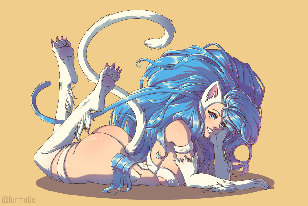 animal_humanoid blue_eyes blue_hair breast_squish breasts butt capcom darkstalkers felicia_(darkstalkers) felid felid_humanoid feline feline_humanoid female fur furrholic hair humanoid looking_at_viewer lying mammal mammal_humanoid on_front smile smiling_at_viewer solo squish white_body white_fur