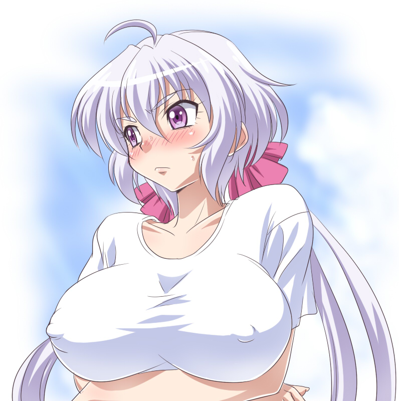 ahoge blush breast_lift breasts covered_nipples crossed_arms hair_ornament large_breasts long_hair no_bra purple_eyes r44 senki_zesshou_symphogear shirt silver_hair solo t-shirt taut_clothes taut_shirt twintails upper_body yukine_chris