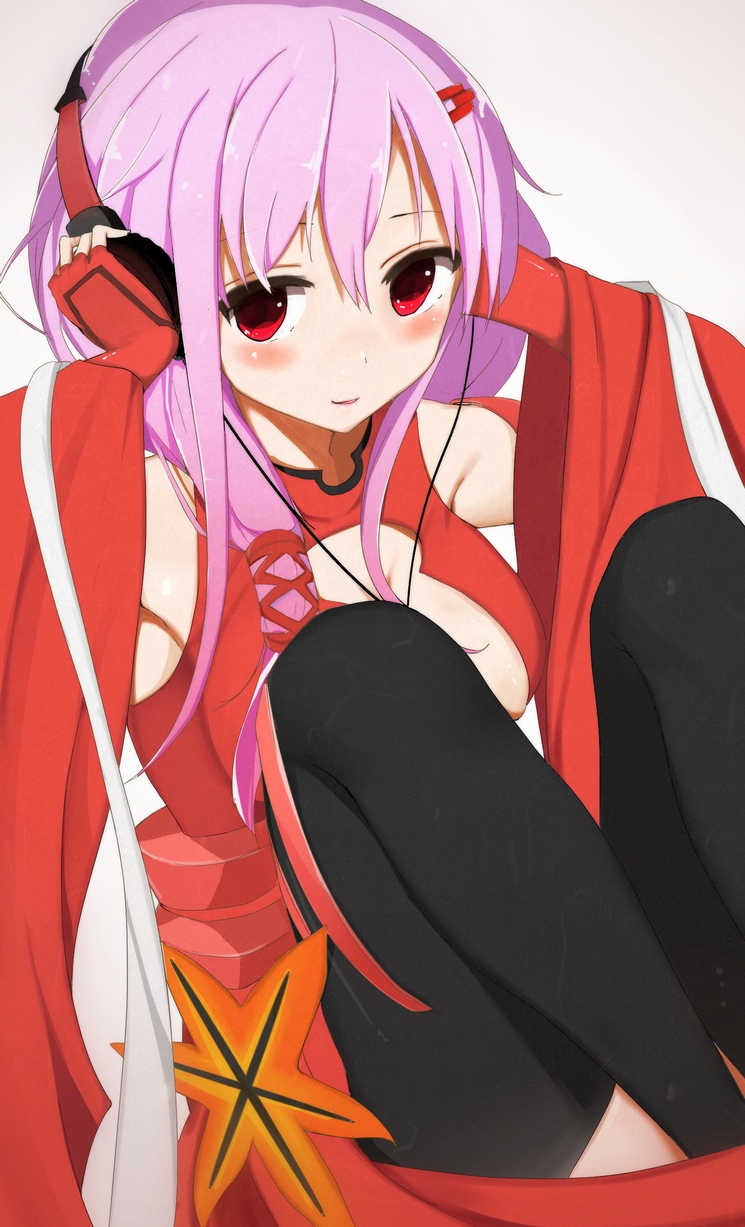 armpits blush center_opening detached_sleeves fingerless_gloves gloves guilty_crown hair_ornament hairclip headphones highres listening_to_music long_hair pink_hair ratsuku_kinoko red_eyes sitting smile solo thighhighs twintails yuzuriha_inori