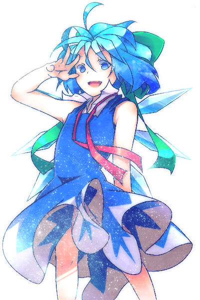 ahoge blue_dress blue_eyes blue_hair bow cirno dress flat_chest hair_bow ice ice_wings open_mouth ribbon sanuki_(zigzagflamberge) short_hair smile solo touhou v_over_eye wings