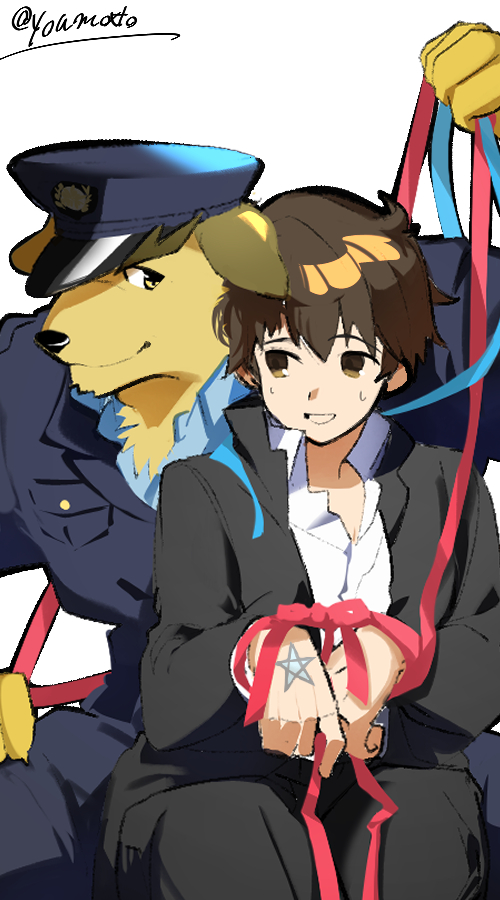 anthro bdsm bondage bound bow_ribbon canid canine canis clothing domestic_dog duo fur human lifewonders male male/male mammal nobumichi_(tas) police police_hat police_officer police_uniform ribbon_bondage ribbons tokyo_afterschool_summoners twink_protagonist_(tas) uniform yellow_body yellow_fur youmoxto