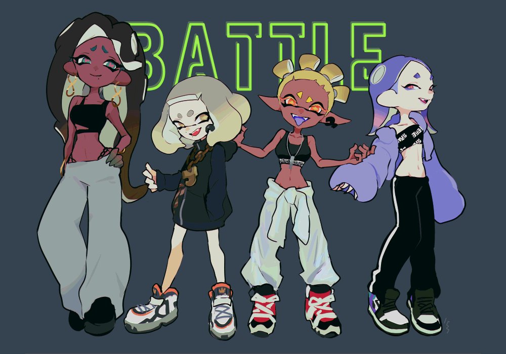 4girls aqua_eyes baggy_pants black_footwear black_hair black_hoodie black_pants blonde_hair blue_background blue_hair cephalopod_eyes chain_necklace closed_mouth commentary crop_top cross-laced_footwear dark-skinned_female dark_skin earrings frye_(splatoon) full_body furrowed_brow grey_pants hood hoodie imaikuy0 inkling jacket jewelry long_hair long_pointy_ears looking_at_viewer marina_(splatoon) medium_hair mole mole_under_mouth multiple_girls navel necklace octoling official_alternate_costume official_alternate_hairstyle open_clothes open_jacket open_mouth orange_eyes pants pearl_(splatoon) pointy_ears purple_jacket red_eyes red_pupils shiver_(splatoon) shoes short_hair simple_background smile splatoon_(series) splatoon_3 standing star-shaped_pupils star_(symbol) symbol-shaped_pupils tentacle_hair thick_eyebrows tongue tongue_out white_footwear yellow_eyes