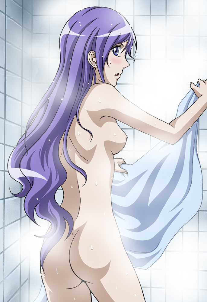 aono_miki ass back breasts fresh_precure! hanzou long_hair looking_back medium_breasts nipples precure purple_eyes purple_hair solo steam wet