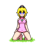 1girl animated animated_gif bare_legs bare_shoulders blonde_hair blue_eyes blush bouncing_breasts breasts brooch crown dress earrings grin james_cabello jewelry kneeling looking_at_viewer looping_animation lowres navel pink_dress pink_wristband princess_peach smile