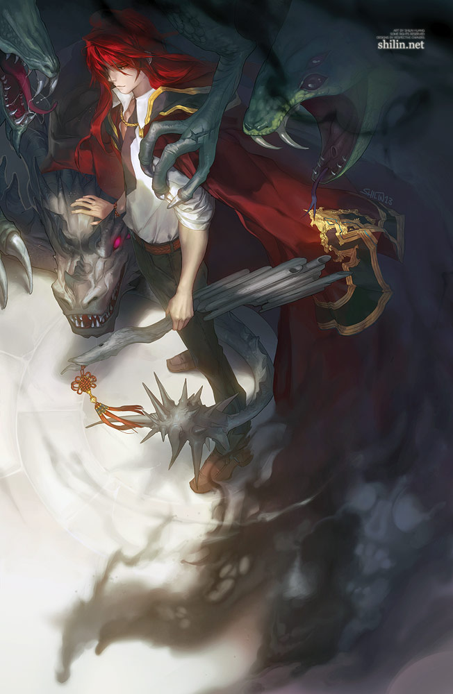 cape carciphona dragon knot red_cape red_eyes red_hair shilin shirt short_hair standing sword weapon