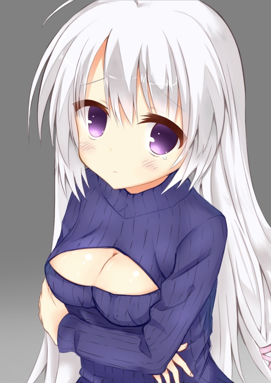 1girl ahoge arms_under_breasts ayachi_nene blush breasts cleavage cleavage_cutout closed_mouth clothing_cutout commentary_request embarrassed grey_background grey_hair igarashi_kenji large_breasts long_hair long_sleeves looking_at_viewer meme_attire open-chest_sweater purple_eyes ribbed_sweater sanoba_witch shiny_skin simple_background solo straight_hair sweater tears turtleneck turtleneck_sweater upper_body upturned_eyes very_long_hair