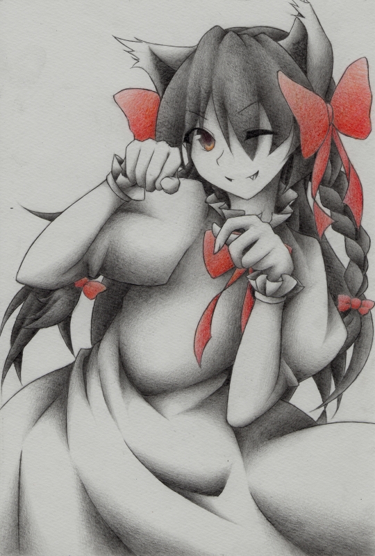 ;) animal_ears bow braid cat_ears dress fang graphite_(medium) hair_bow higurashi999 kaenbyou_rin long_hair one_eye_closed partially_colored paw_pose pencil puffy_short_sleeves puffy_sleeves red_eyes short_sleeves smile solo touhou traditional_media twin_braids watercolor_pencil_(medium) wrist_cuffs