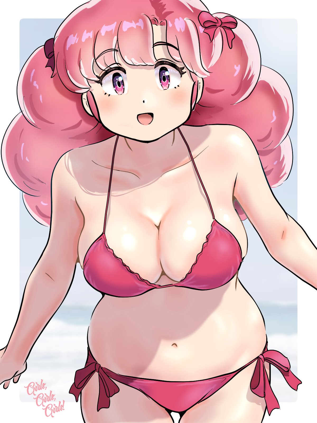 1girl bikini blush breasts cleavage highres kenken28937178 large_breasts looking_at_viewer navel open_mouth pink_bikini pink_eyes pink_hair ran_(urusei_yatsura) smile solo swimsuit urusei_yatsura