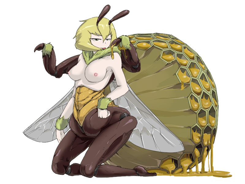 1girl antennae arthropod_girl arthropod_limbs bee_girl bee_wings blonde_hair bmp-to-png_conversion breasts dripping extra_arms full_body fur_collar fur_cuffs game_cg hair_between_eyes hive honey honey_(mon-musu_quest!) kneeling large_breasts looking_at_viewer mon-musu_quest! monster_girl nipples non-web_source nude setouchi_(blackse) short_hair simple_background smile solo tongue tongue_out transparent_background v-shaped_eyebrows v-shaped_eyes wings yellow_eyes