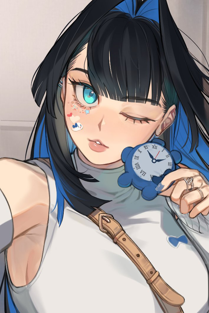1girl blue_eyes blue_nails blunt_bangs breasts colored_inner_hair earrings eus_ing hair_intakes heart hololive hololive_english jewelry kronie_(ouro_kronii) large_breasts lips long_hair looking_at_viewer multicolored_hair nail_polish one_eye_closed ouro_kronii ouro_kronii_(casual) ring selfie solo upper_body virtual_youtuber
