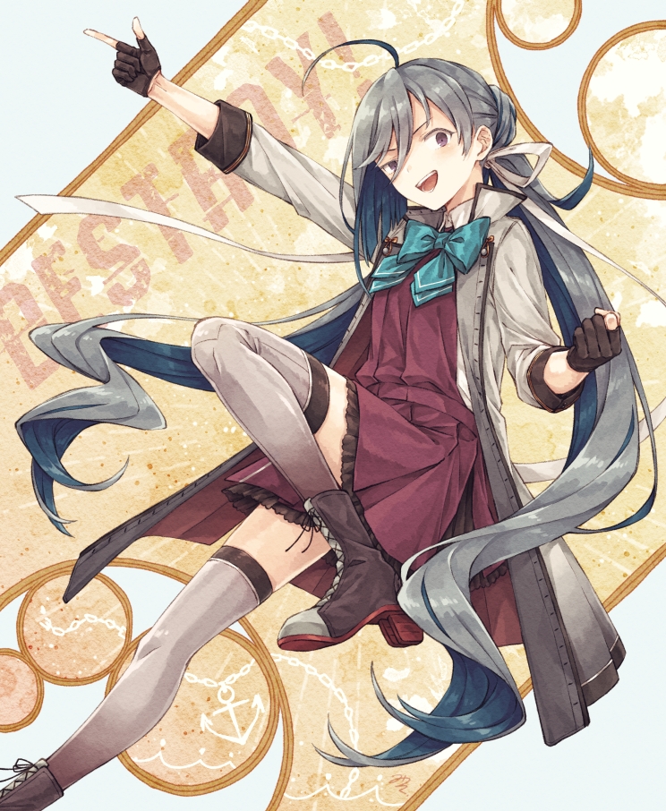 1girl black_gloves blue_hair boots bow bowtie clenched_hand coat dress gloves grey_hair grey_thighhighs hair_between_eyes hair_ribbon high_heel_boots high_heels index_finger_raised kantai_collection kiyoshimo_(kancolle) kiyoshimo_kai_ni_(kancolle) long_hair looking_at_viewer low_twintails miroku_san-ju multicolored_hair open_clothes open_coat open_mouth partially_fingerless_gloves purple_dress purple_eyes ribbon simple_background solo thighhighs twintails very_long_hair white_ribbon