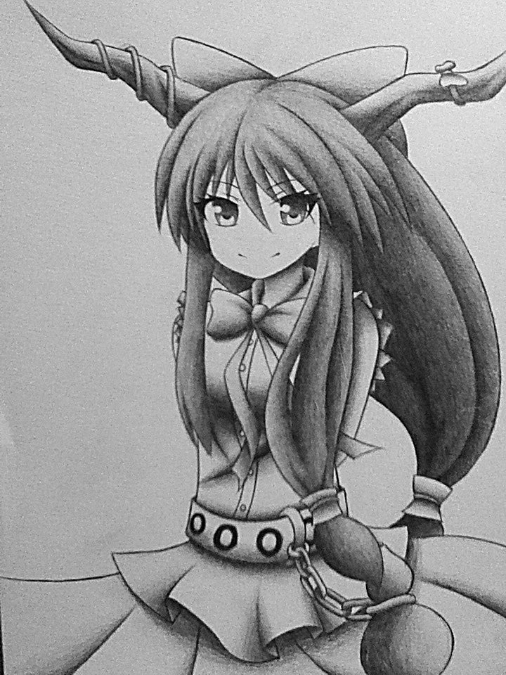 arms_behind_back belt bow bowtie chain flat_chest gourd graphite_(medium) greyscale hair_bow higurashi999 horn_ribbon horns ibuki_suika long_hair low-tied_long_hair monochrome ribbon skirt smile solo touhou traditional_media