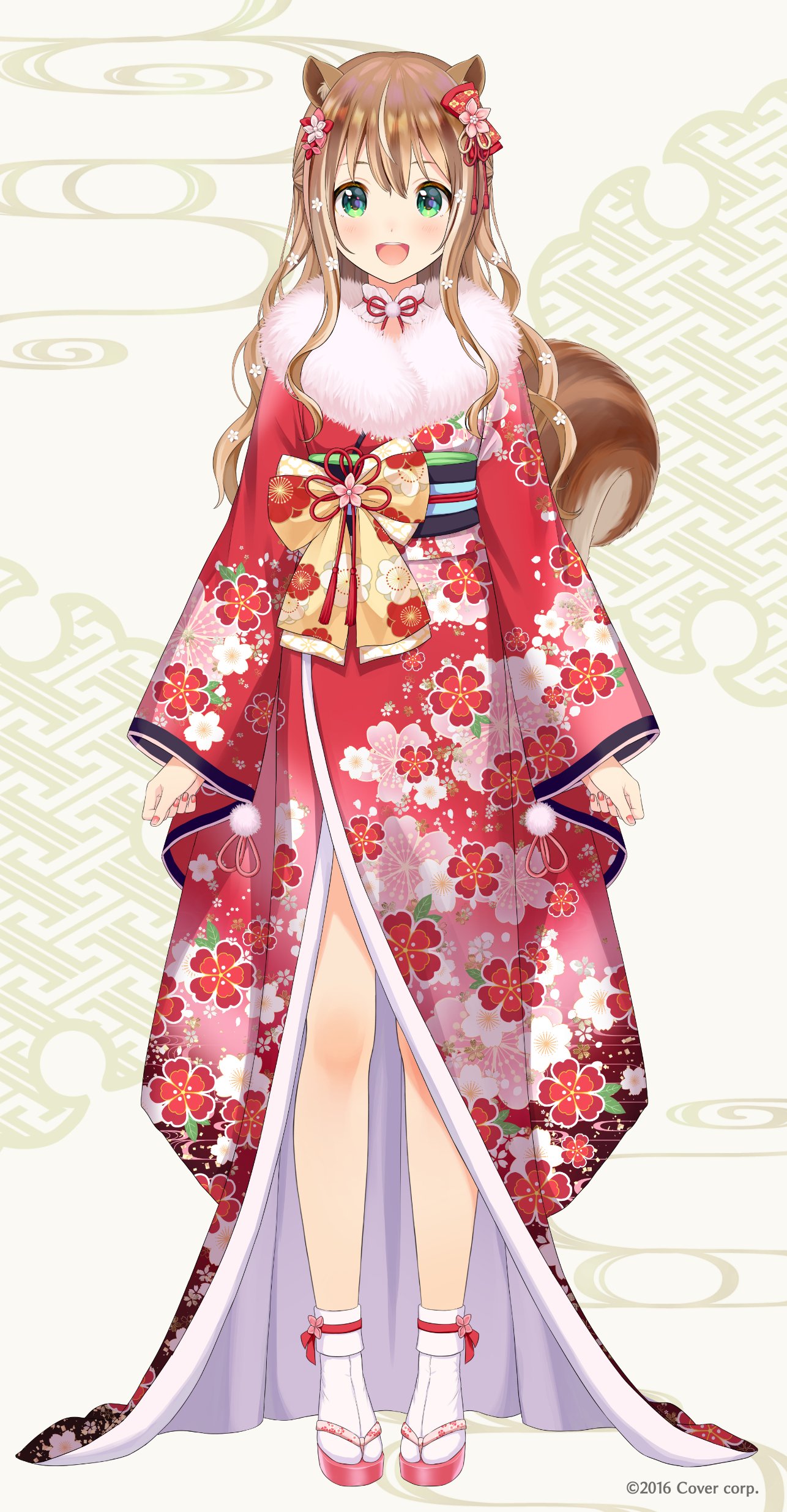 1girl absurdres animal_ears arms_at_sides ayunda_risu ayunda_risu_(new_year) brown_hair commentary_request company_name copyright_notice highres hololive hololive_indonesia japanese_clothes kimono long_hair long_sleeves looking_at_viewer official_alternate_costume official_alternate_hair_length official_alternate_hairstyle official_art open_mouth red_kimono sandals smile solo squirrel_ears squirrel_tail standing straight-on tabi tachi-e tail virtual_youtuber wide_sleeves yatomi zouri