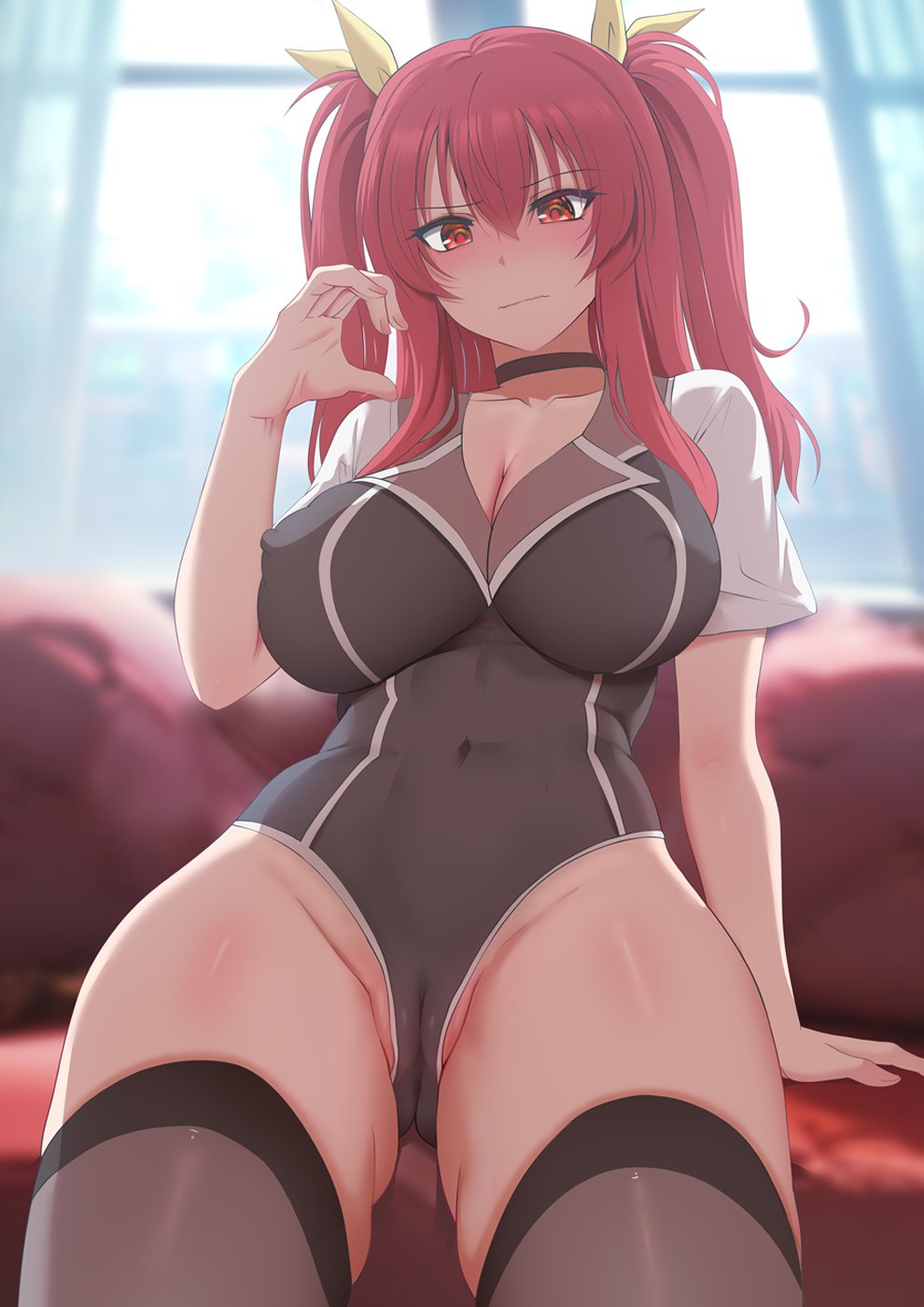 1girl black_choker black_thighhighs breasts cameltoe choker cleavage commentary covered_navel covered_nipples ginhaha hair_between_eyes hair_ribbon half-heart_hands highleg highres large_breasts long_hair looking_at_viewer rakudai_kishi_no_cavalry red_eyes red_hair ribbon short_sleeves sitting solo stella_vermillion thighhighs two_side_up