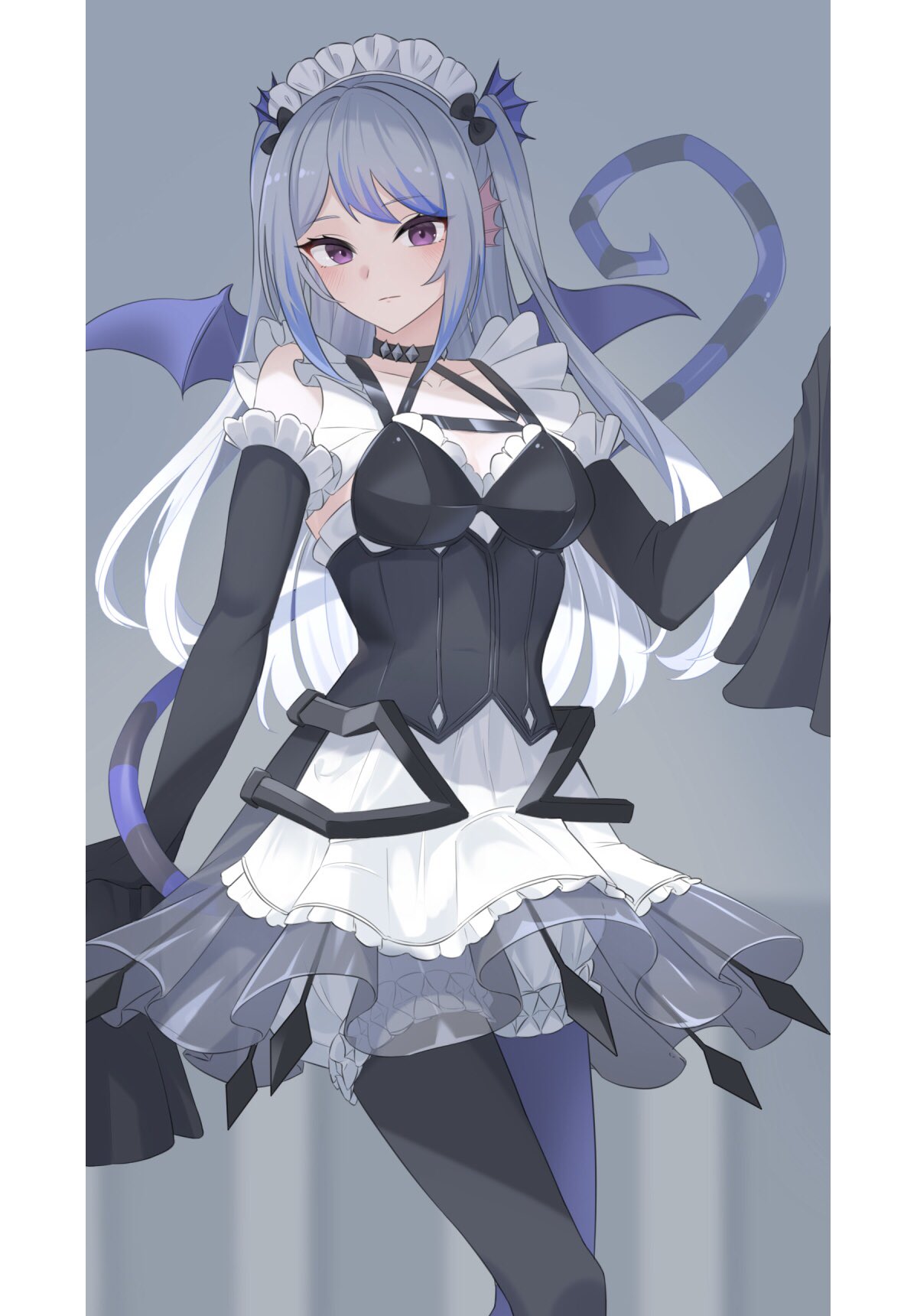 1girl arianna_the_labrynth_servant arianna_the_labrynth_servant_(cosplay) blue_hair choker cosplay demon_tail demon_wings detached_sleeves dress duel_monster frilled_thighhighs frills grey_hair harness heichi highres long_hair maid maid_headdress purple_eyes sleeves_past_fingers sleeves_past_wrists solo tail tearlaments_scheiren thighhighs wings yu-gi-oh!