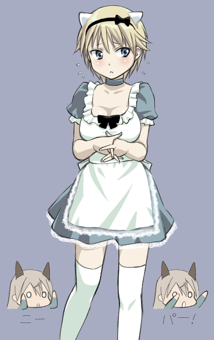 :&lt; :o alternate_costume animal_ears apron blonde_hair blue_eyes blush brave_witches breasts cheering choker cleavage dress eila_ilmatar_juutilainen enmaided ermine_ears fingers_together flying_sweatdrops fox_ears grey_hair hands_together large_breasts maid multiple_girls nikka_edvardine_katajainen o_o puffy_short_sleeves puffy_sleeves ribbon short_hair short_sleeves strike_witches sweatdrop thighhighs translated weasel_ears world_witches_series you2 zettai_ryouiki