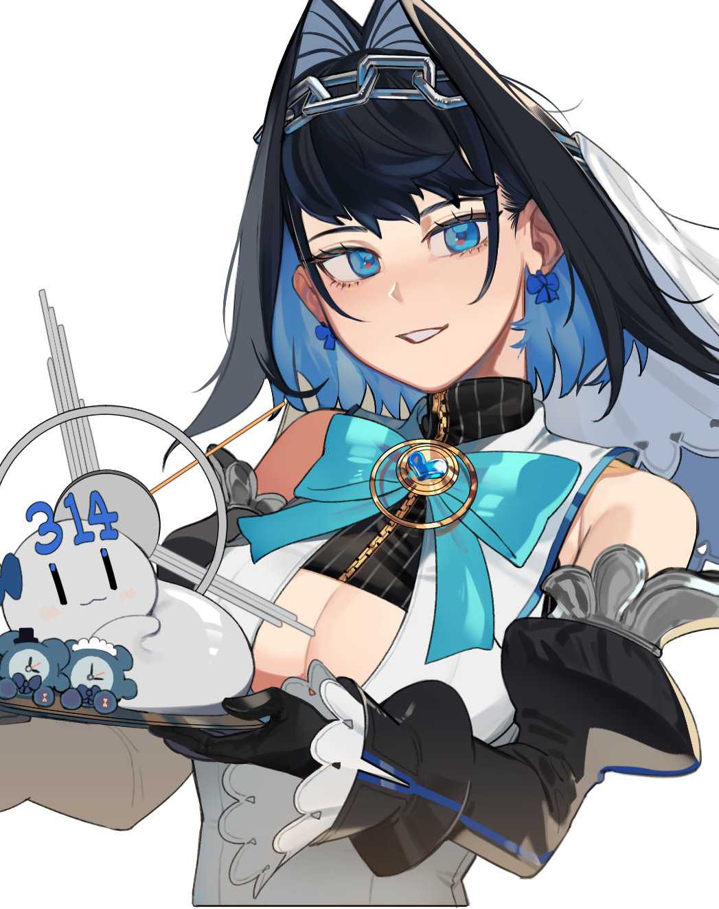 1girl black_hair blue_eyes blue_hair boros_(ouro_kronii) bow bow_earrings bowtie breasts chain cleavage cleavage_cutout clothing_cutout colored_inner_hair detached_sleeves earrings eus_ing gloves hair_intakes heart highres holding hololive hololive_english jewelry large_breasts looking_at_viewer multicolored_hair ouro_kronii parted_lips simple_background solo teeth two-tone_hair virtual_youtuber white_background