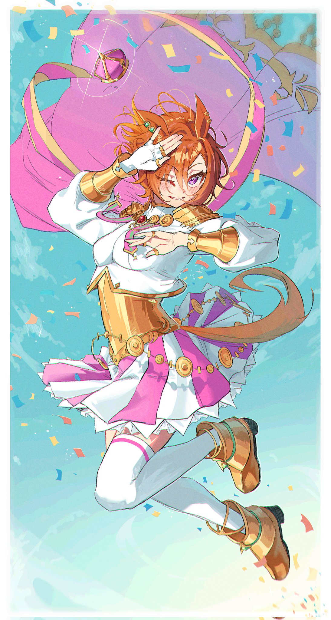 1girl animal_ears armor blush boots breasts brooch cape confetti corrupted_twitter_file corset crown ear_bar fingerless_gloves glint gloves highres horse_ears horse_girl horse_tail jewelry jjan-uyu jumping korean_commentary long_sleeves looking_at_viewer mini_crown multiple_rings one_eye_closed orange_hair pink_cape purple_eyes ring shading_eyes shirt short_hair shoulder_armor skirt sky small_breasts solo t.m._opera_o_(umamusume) tail thighhighs two-tone_skirt umamusume unworn_crown white_gloves white_shirt white_thighhighs yellow_footwear