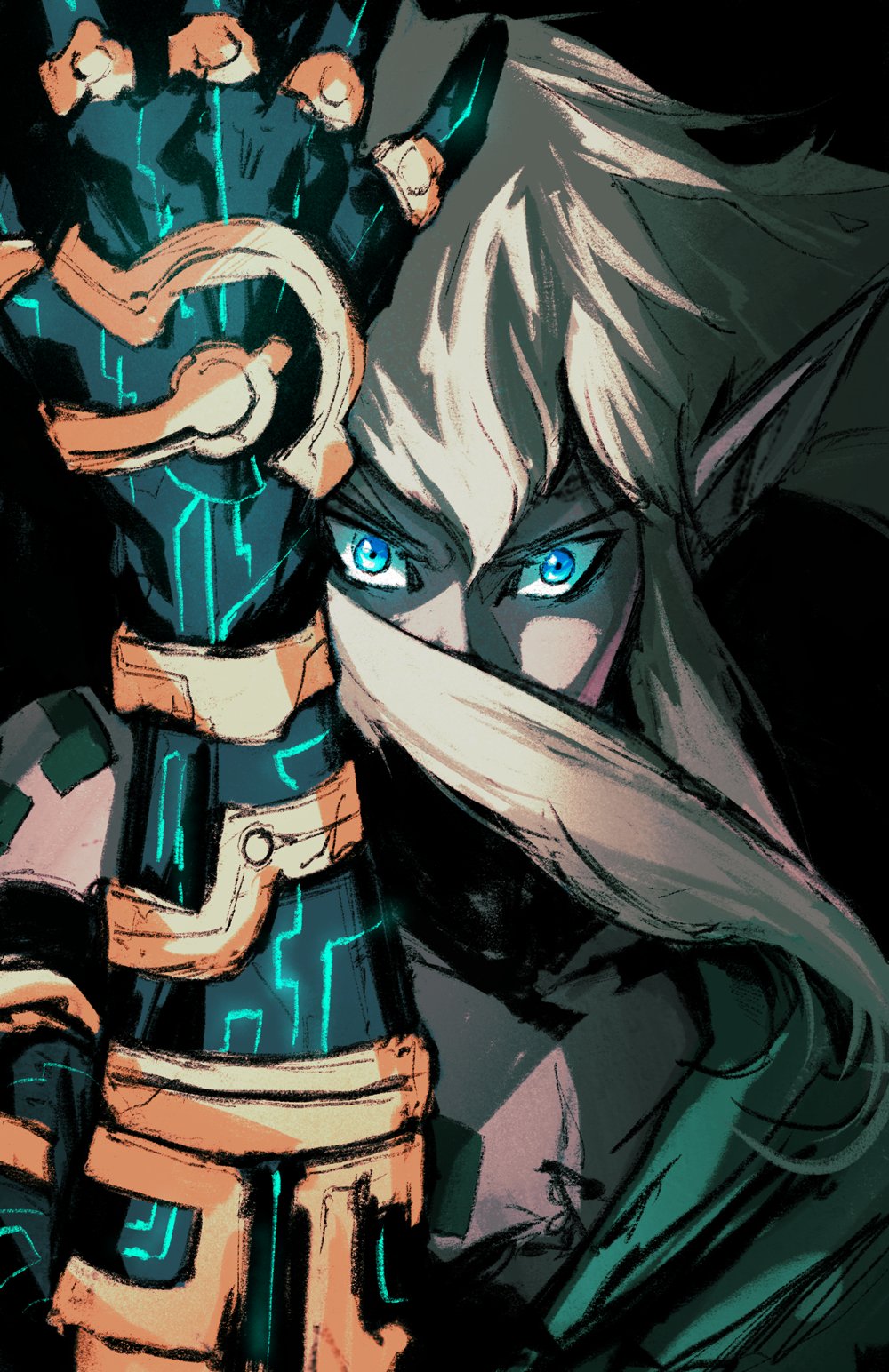 1boy arm_tattoo arm_up black_background blonde_hair blue_eyes blue_skin chun_lo close-up collarbone colored_skin covered_mouth highres link looking_at_viewer male_focus medium_hair multicolored_skin pectorals pointy_ears shaded_face sidelocks solo tattoo the_legend_of_zelda the_legend_of_zelda:_tears_of_the_kingdom tunic