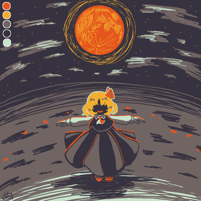 1girl ascot black_vest blonde_hair cloud cloudy_sky darkness hair_ribbon limited_palette meguta_5601 moon night open_mouth outstretched_arms red_ascot red_moon ribbon rumia short_hair skirt skirt_set sky smile solo spread_arms touhou vest