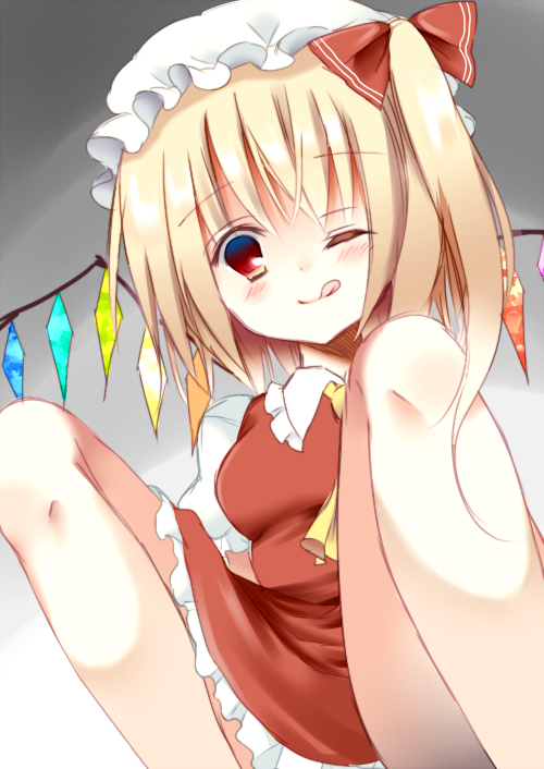 :q blonde_hair blush flandre_scarlet hat one_eye_closed red_eyes side_ponytail solo stigma1101 tongue tongue_out touhou wings