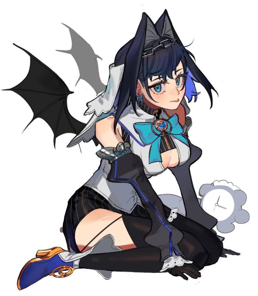 1girl :p bat_wings black_gloves black_thighhighs blue_bow blue_eyes blue_footwear blue_hair blue_ribbon blush bow bow_earrings breasts chain chain_headband cleavage_cutout clothing_cutout collar detached_sleeves earrings eus_ing gloves hair_intakes headband hololive hololive_english jewelry kronie_(ouro_kronii) large_breasts micro_shorts miniskirt ouro_kronii ouro_kronii_(1st_costume) ribbon shirt shoes short_hair shorts sitting skirt sleeveless sleeveless_shirt thighhighs tongue tongue_out underboob veil virtual_youtuber wariza wings