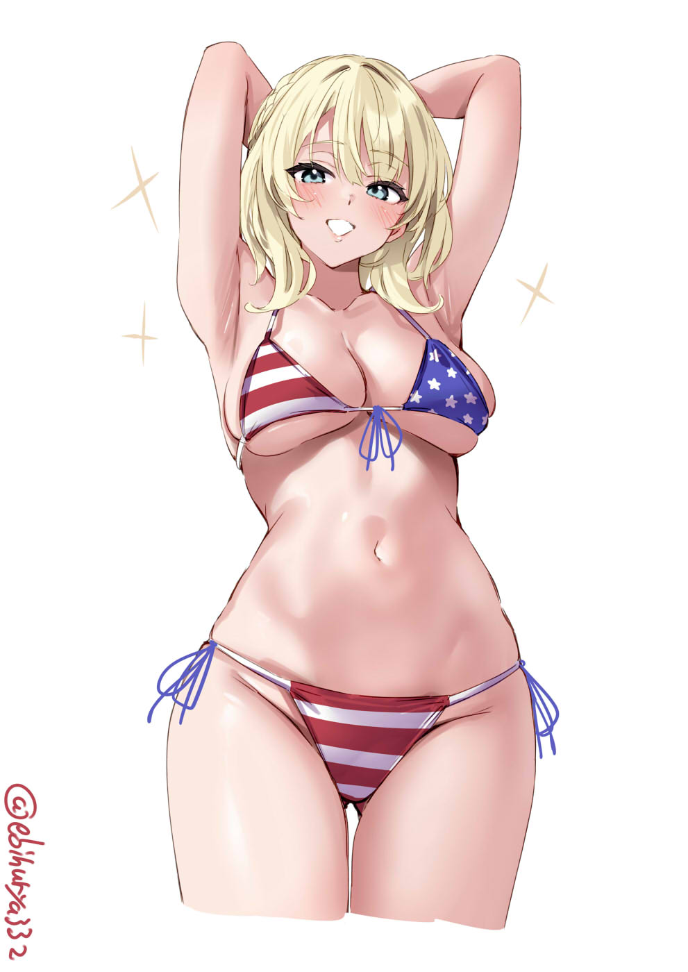 1girl american_flag american_flag_bikini american_flag_print armpits arms_behind_head arms_up artist_name bikini blonde_hair braid breasts colorado_(kancolle) commentary_request cowboy_shot crown_braid ebifurya flag_print front-tie_bikini_top front-tie_top highres kantai_collection large_breasts looking_at_viewer navel one-hour_drawing_challenge short_hair side-tie_bikini_bottom simple_background skindentation smile solo sparkle stomach swimsuit twitter_username white_background