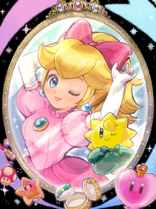 1girl blonde_hair blue_eyes bow breasts commentary cosmetics dress earrings elbow_gloves gloves heart jewelry looking_at_viewer mario_(series) medium_breasts mirror one_eye_closed pink_bow pink_dress ponytail princess_peach princess_peach:_showtime! short_sleeves sphere_earrings star_(symbol) stella_(peach) super_mushroom super_star_(mario) suruga_kanade white_gloves