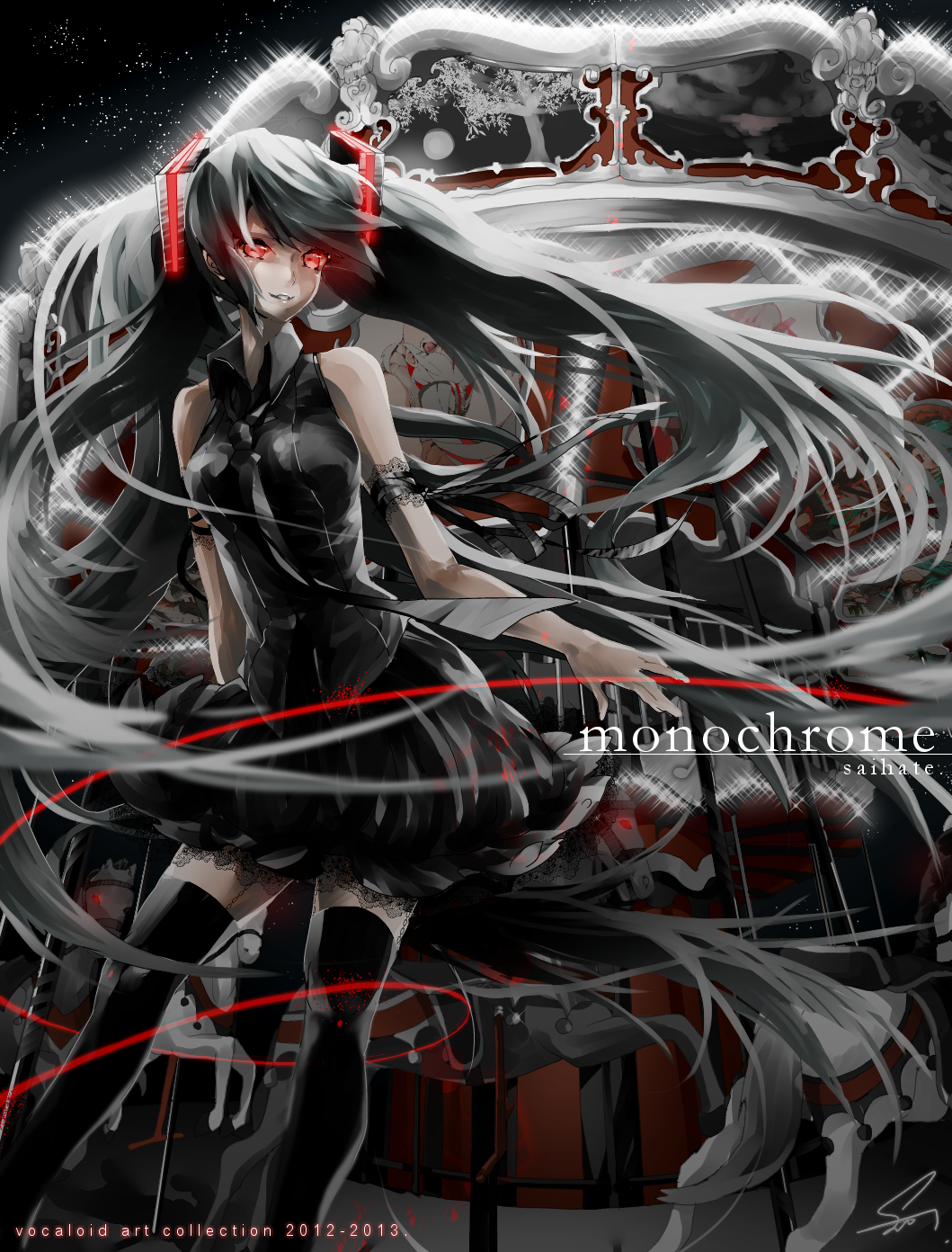 2012 2013 artist_name bad_id bad_pixiv_id carousel grin hatsune_miku highres long_hair necktie night red_eyes saihate_(d3) skirt smile solo thighhighs twintails very_long_hair vocaloid