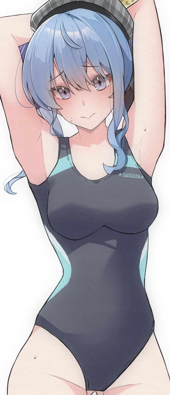 1girl :&gt; armpits arms_up beret black_one-piece_swimsuit blue_eyes blue_hair blush closed_mouth competition_school_swimsuit cowboy_shot hair_between_eyes hat highleg highres hololive hoshimachi_suisei long_hair looking_at_viewer miya_(myagi_0131) one-piece_swimsuit presenting_armpit school_swimsuit simple_background solo star_(symbol) star_in_eye sweat swimsuit symbol_in_eye virtual_youtuber white_background