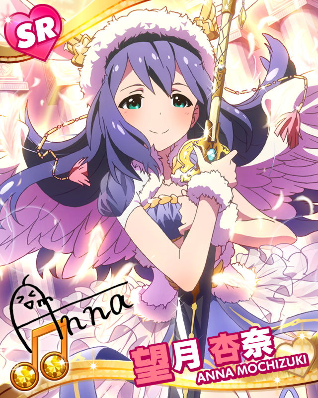 angel_wings animal_ears aqua_eyes artist_request beamed_eighth_notes blue_hair bunny_ears character_name heart idolmaster idolmaster_million_live! long_hair looking_at_viewer mochizuki_anna musical_note official_art signature smile solo sword weapon wings