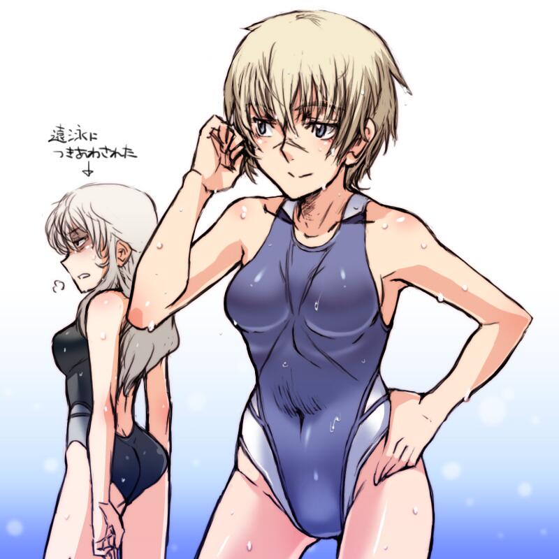 ass bare_shoulders blonde_hair competition_swimsuit elizabeth_f_beurling facial_mark grey_hair hand_in_hair hand_on_hip hanna_rudel long_hair multiple_girls navel one-piece_swimsuit scar short_hair simple_background skin_tight swimsuit tabigarasu translated wet world_witches_series