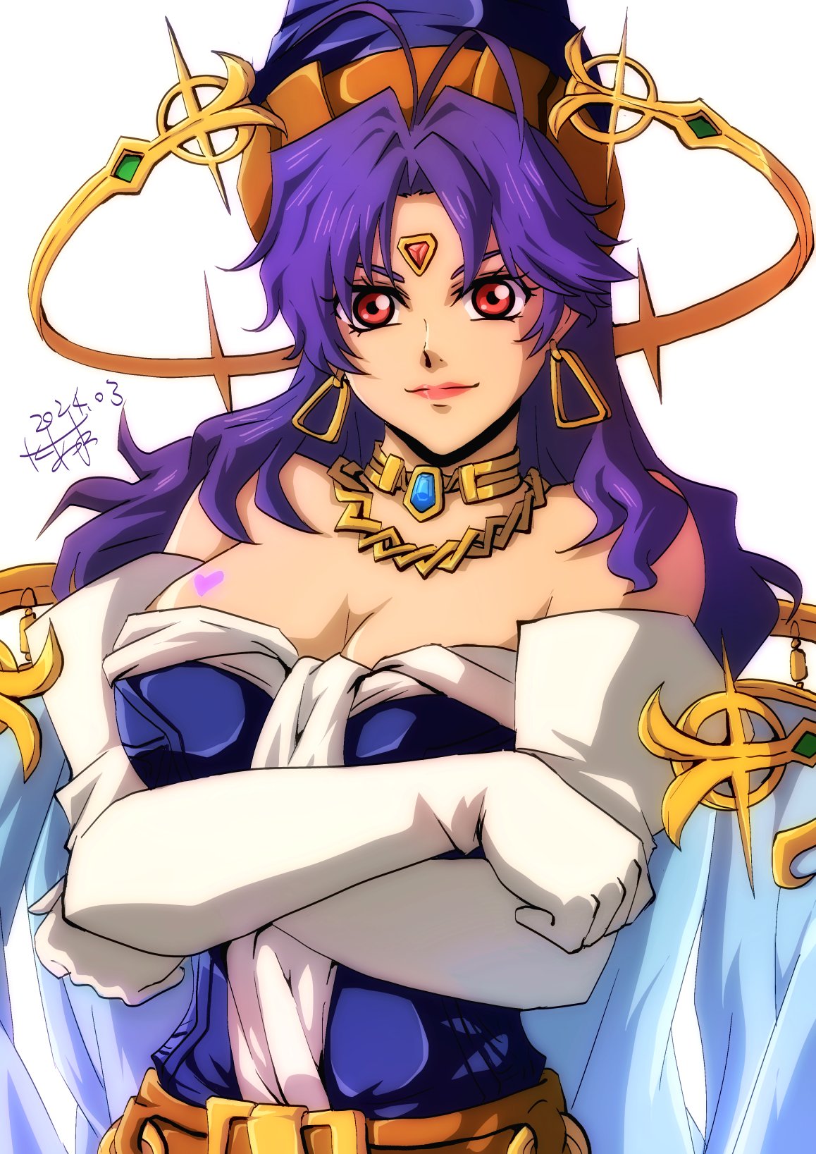 1girl akane_kazami bare_shoulders breasts cape celine_jules cleavage closed_mouth crossed_arms dated earrings elbow_gloves facial_mark forehead_mark gloves hat heart heart_tattoo highres jewelry lipstick long_hair looking_at_viewer makeup pointy_hat purple_hair simple_background smile solo star_ocean star_ocean_the_second_story tattoo white_background