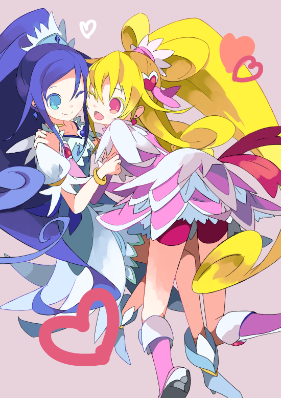 :d aida_mana bad_id bad_pixiv_id bike_shorts blonde_hair blue_eyes blue_hair boots cheek-to-cheek couple cure_diamond cure_heart dokidoki!_precure hair_ornament half_updo hands_on_shoulders heart heart_hair_ornament hishikawa_rikka hug long_hair multiple_girls one_eye_closed open_mouth pink_eyes pink_footwear pink_sleeves ponytail precure simple_background smile tulaca_(pixiv) yuri