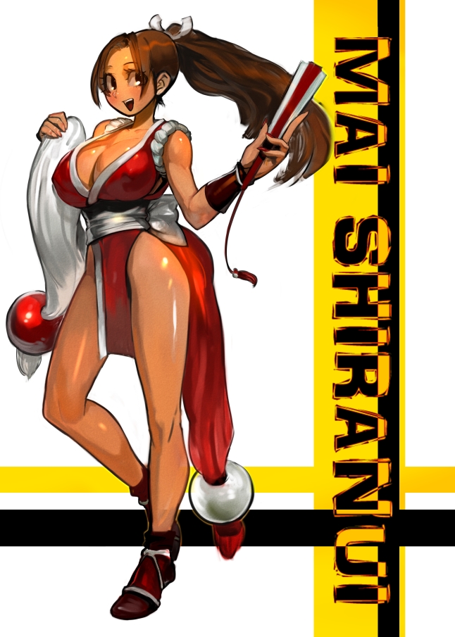 bare_shoulders blush breasts brown_eyes brown_hair character_name cleavage closed_fan fan fatal_fury folding_fan huge_breasts japanese_clothes jintetsu pelvic_curtain ponytail revealing_clothes shiranui_mai solo the_king_of_fighters