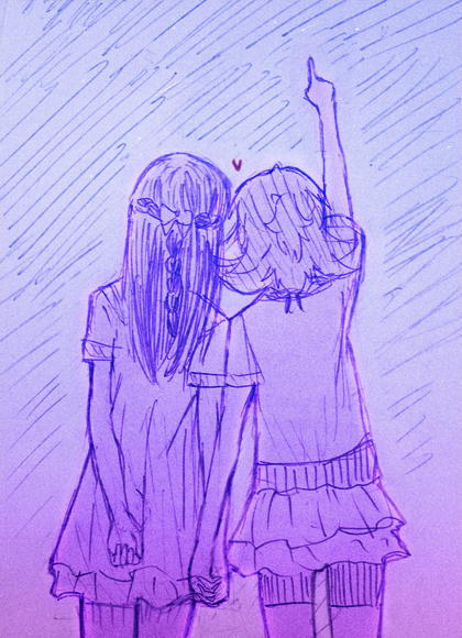 aida_mana arm_up couple dokidoki!_precure from_behind hishikawa_rikka holding_hands long_hair minu multiple_girls outstretched_arm pointing precure short_hair sketch standing yuri